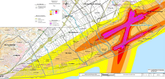 Uno de los mapas estrat�gicos del ruido del aeropuerto de Barcelona-El Prat publicados por AENA en junio de 2007 utilizando la operativa del a�o 2005 que est� totalmente desfasada